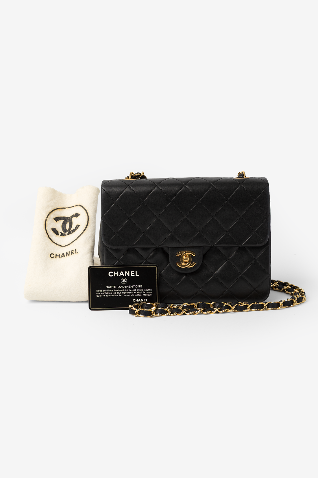 chanel classic single flap square black lambskin 24g gold hardware vintage bag with authenticity card and vintage dust bag