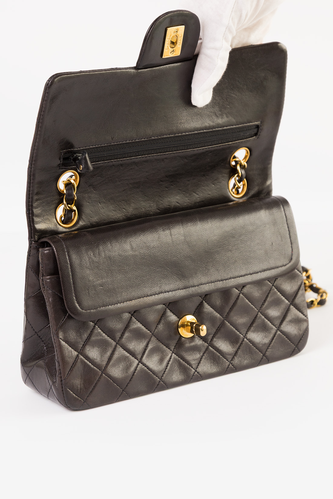 chanel brown flap bag open inner flap
