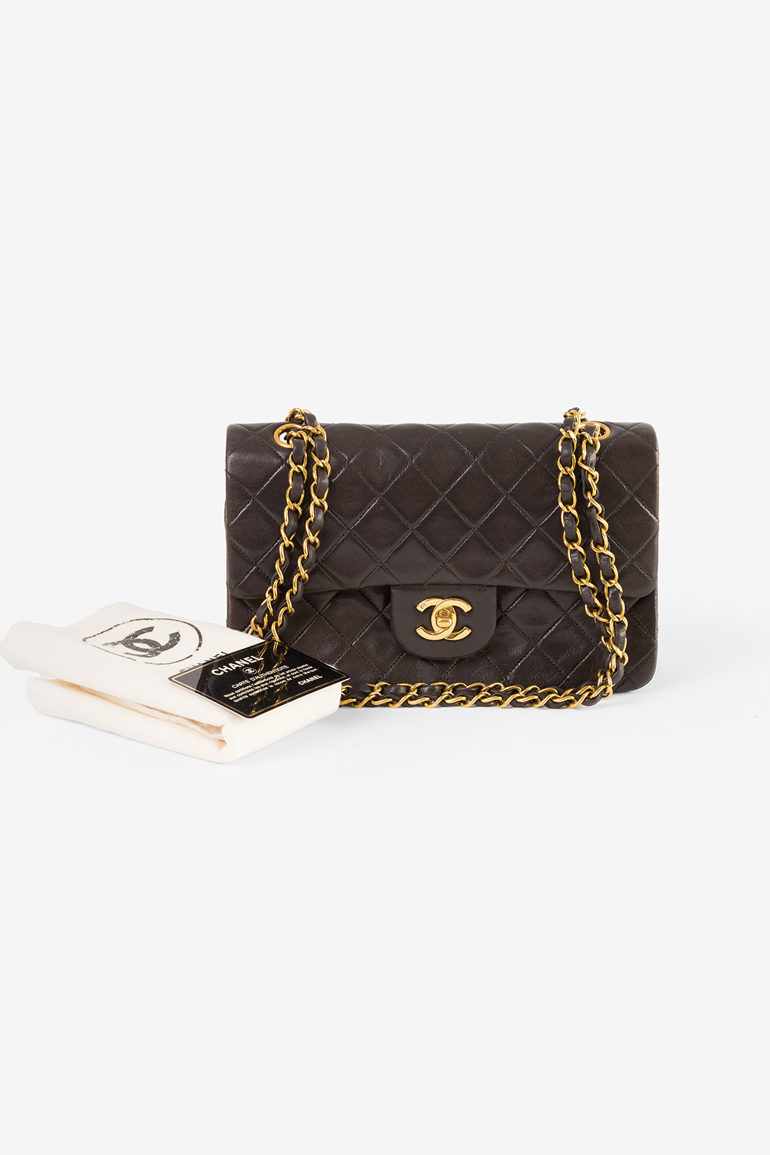 chanel classic double flap bag small brown 24k gold hardware vintage